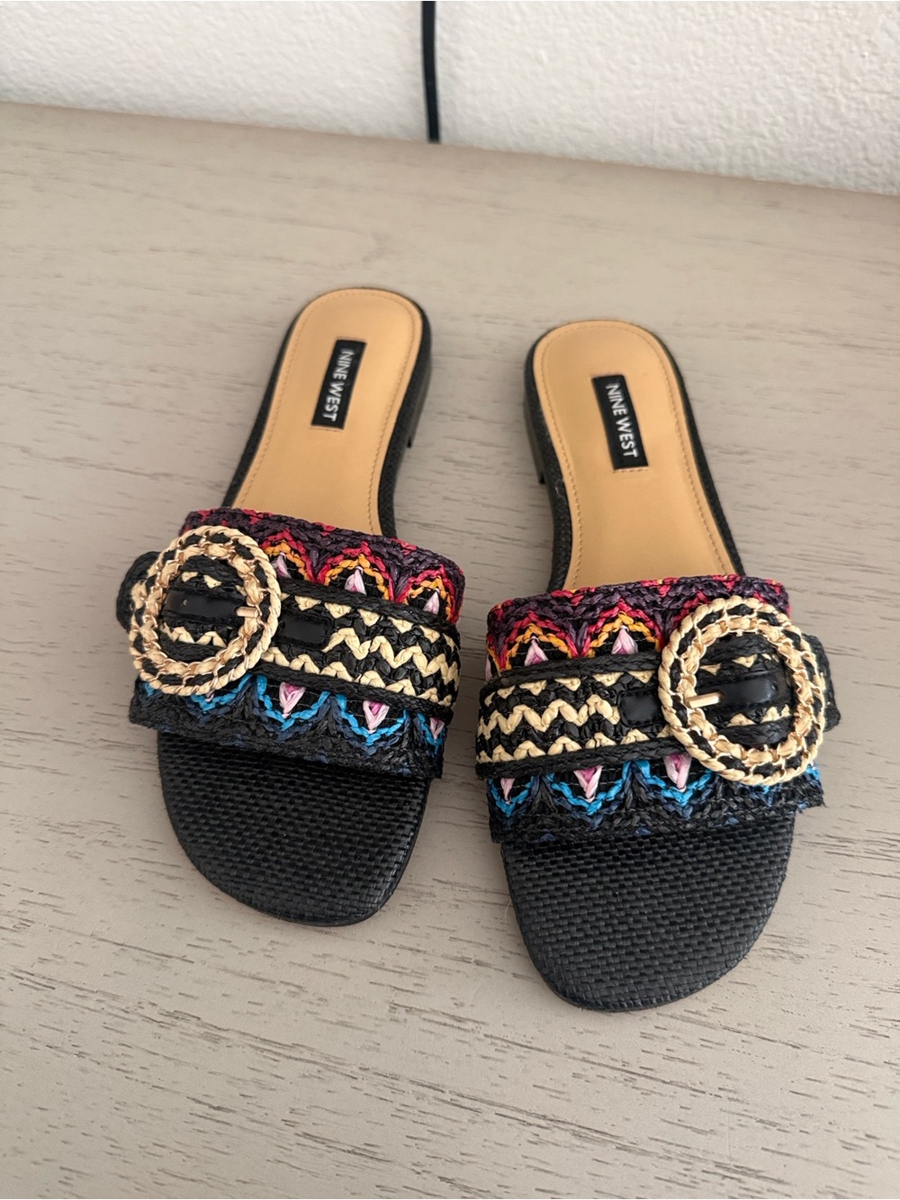 Nine West Black Braided Slide Sandals with Multicolor Trim